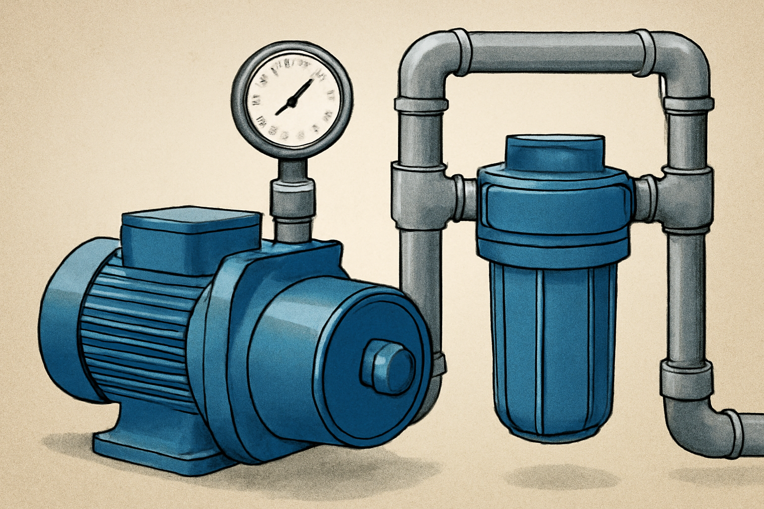 Illustrative close-up of a pump, pressure gauge, filter housing, and pipe connections in a water treatment system, with no brand markings, labels, or written text.