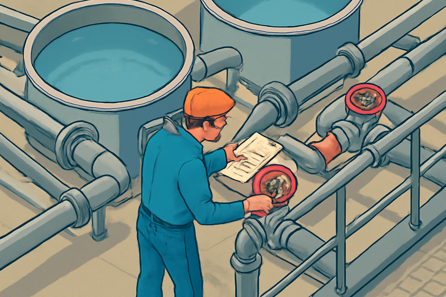Illustrative overhead view of a maintenance worker inspecting pipes and valves along a water treatment system walkway, with tanks visible in the background; no logos or text.