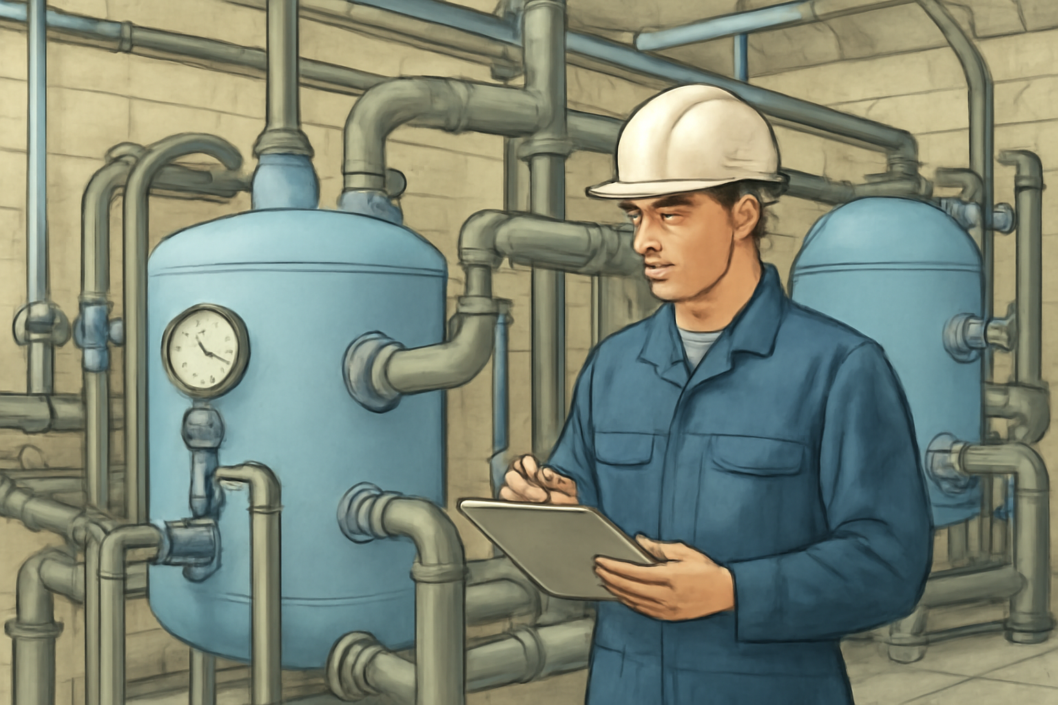 Illustrative scene of a technician in a generic industrial water treatment facility inspecting pipes, tanks, and control gauges during routine maintenance; no logos, labels, or written text.