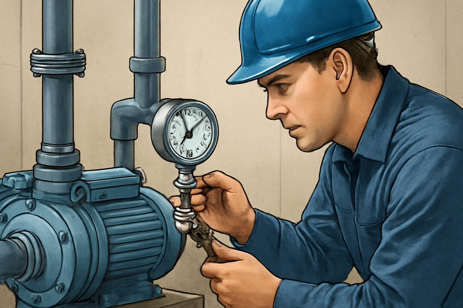 Illustrative close view of a technician checking a pump and pressure gauge during routine water treatment plant maintenance, with no company or equipment branding.