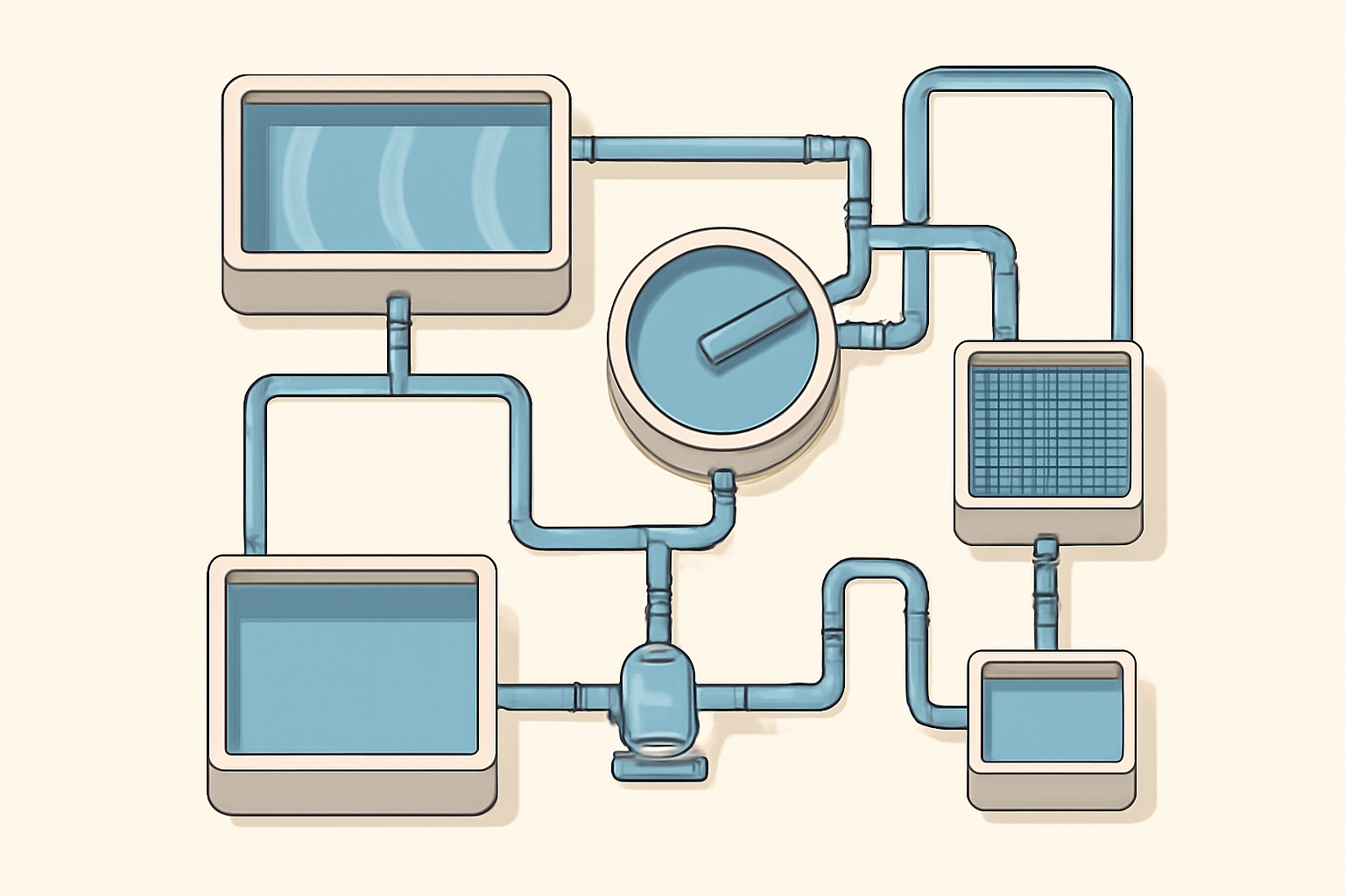 Illustrative overhead view of a water treatment process layout with connected tanks, filters, pumps, and pipes, showing a clear flow path without labels, logos, or written text.